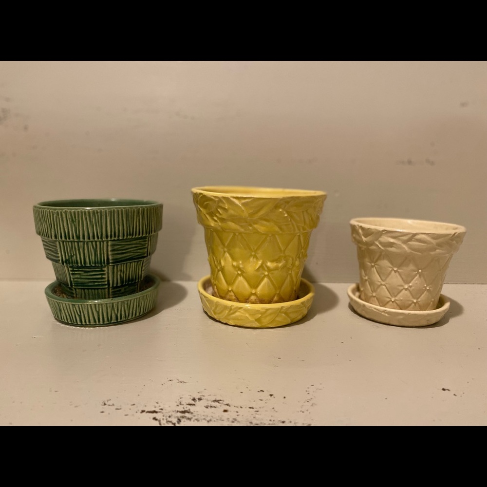 Vintage McCoy Planters - Green Basketweave,Yellow & White Quilted Diamond Leaves